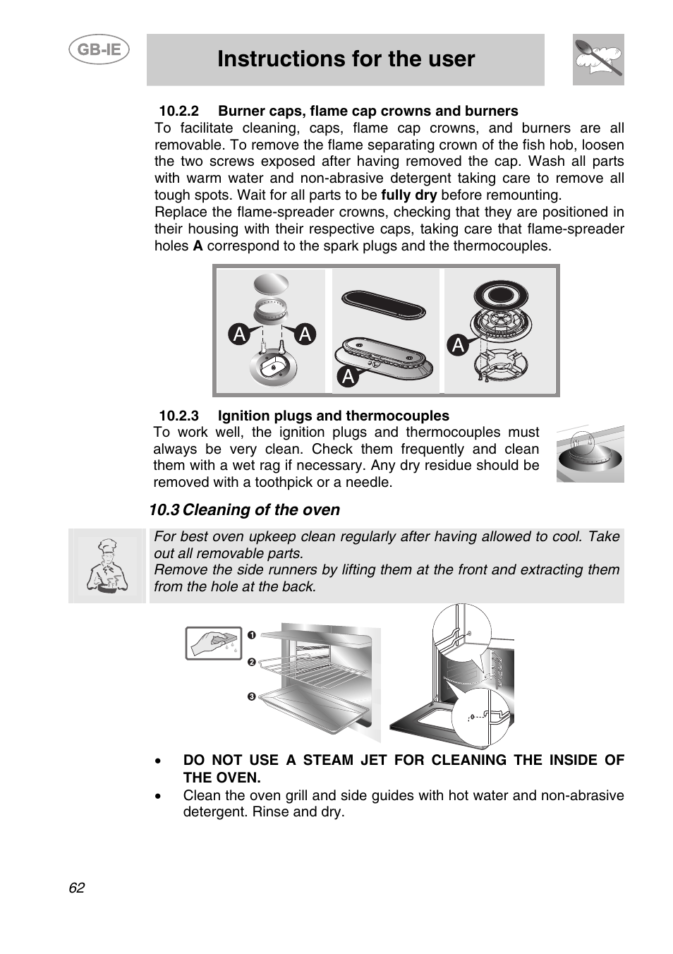 Burner caps, flame cap crowns and burners, 3 ignition plugs and thermocouples, 3 cleaning of the oven | Instructions for the user | Smeg A1-6 User Manual | Page 28 / 31