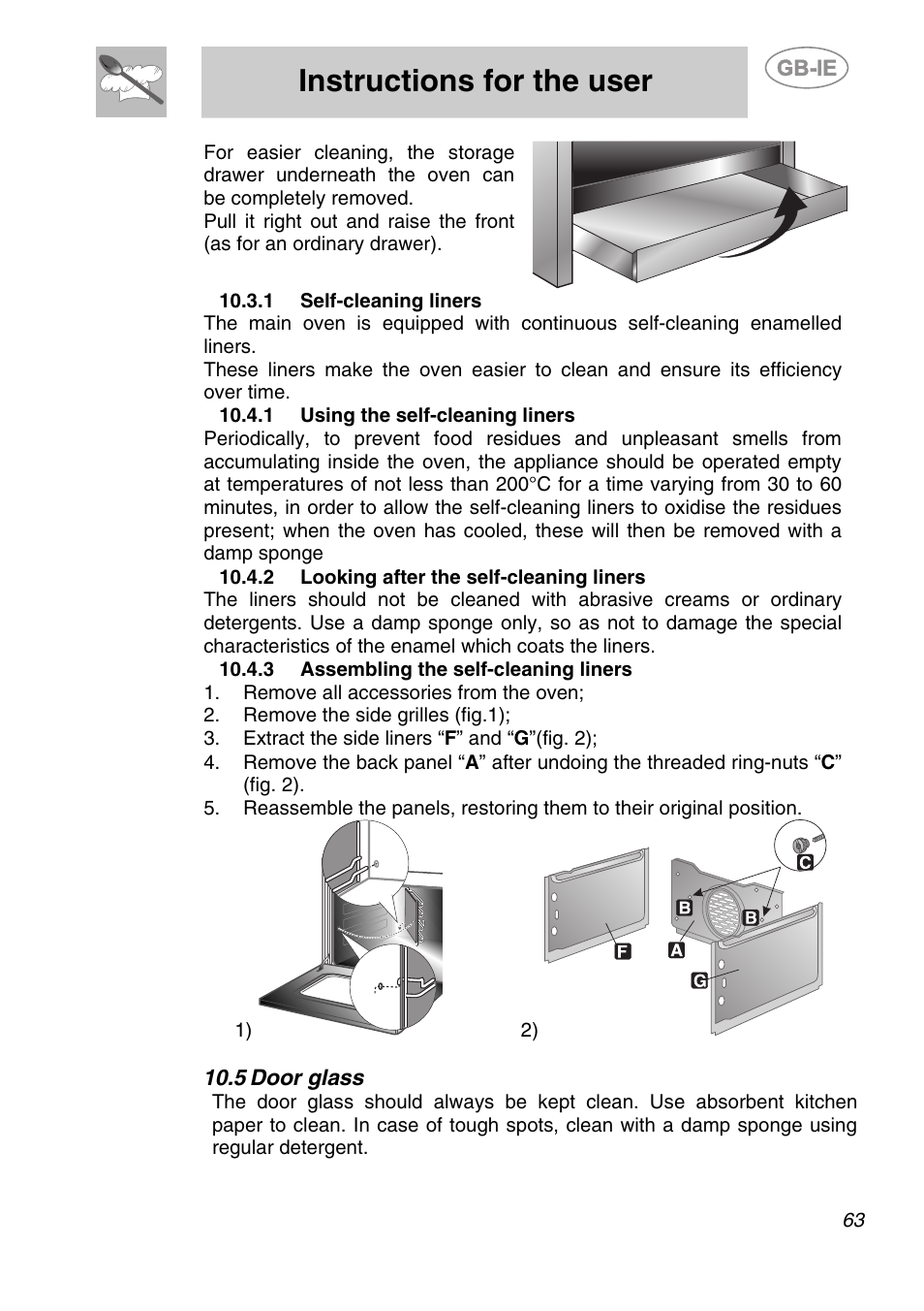 1 self-cleaning liners, 1 using the self-cleaning liners, 2 looking after the self-cleaning liners | 3 assembling the self-cleaning liners, 5 door glass, Instructions for the user | Smeg A1-6 User Manual | Page 29 / 31