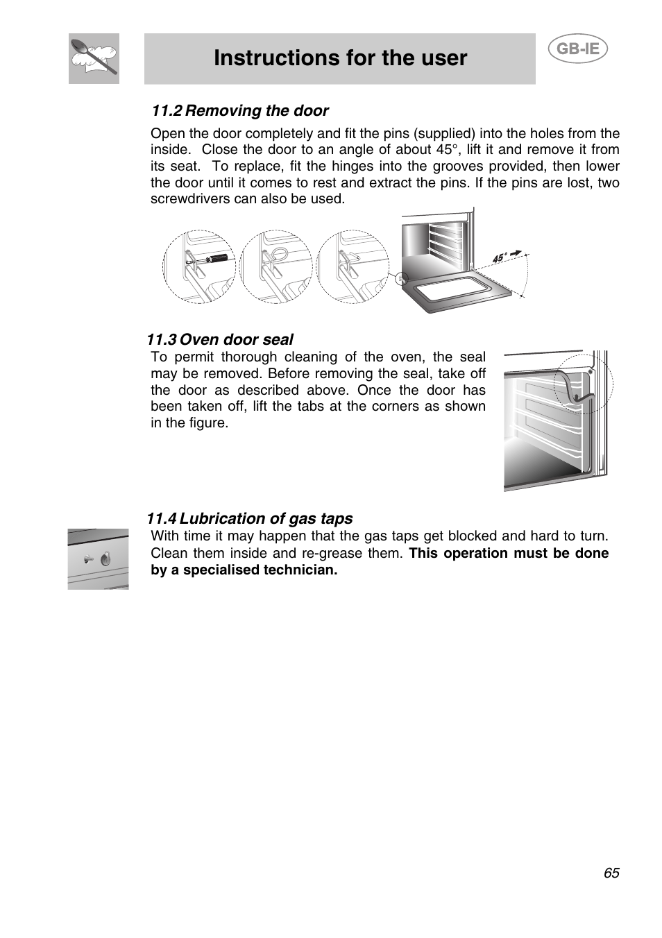Removing the door, 3 oven door seal, 4 lubrication of gas taps | Instructions for the user | Smeg A1-6 User Manual | Page 31 / 31