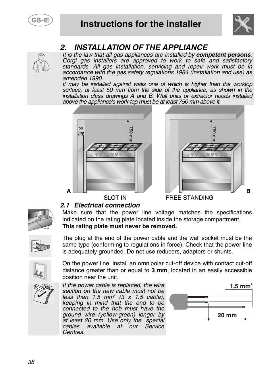 Installation of the appliance, 1 electrical connection, Instructions for the installer | Smeg A1-6 User Manual | Page 4 / 31