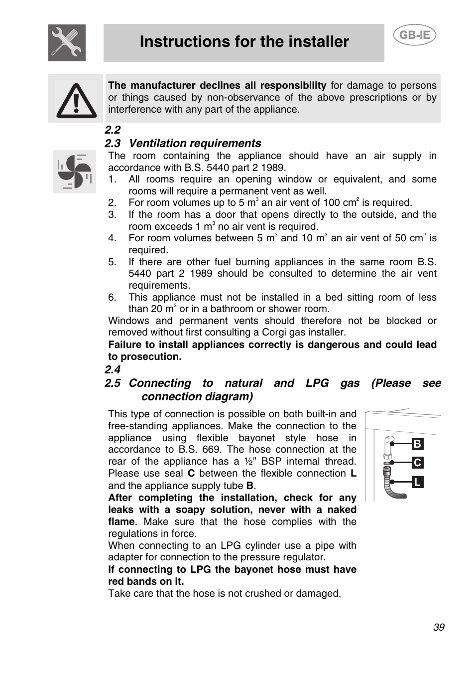 3 ventilation requirements, Instructions for the installer, 2 2.3 ventilation requirements | Smeg A1-6 User Manual | Page 5 / 31