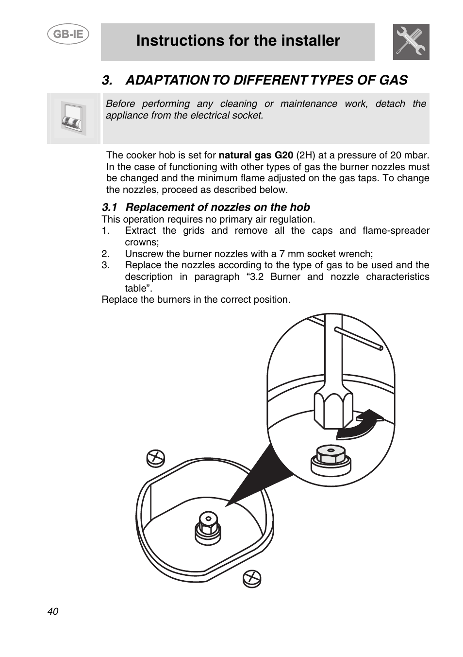 Adaptation to different types of gas, 1 replacement of nozzles on the hob, Instructions for the installer | Smeg A1-6 User Manual | Page 6 / 31