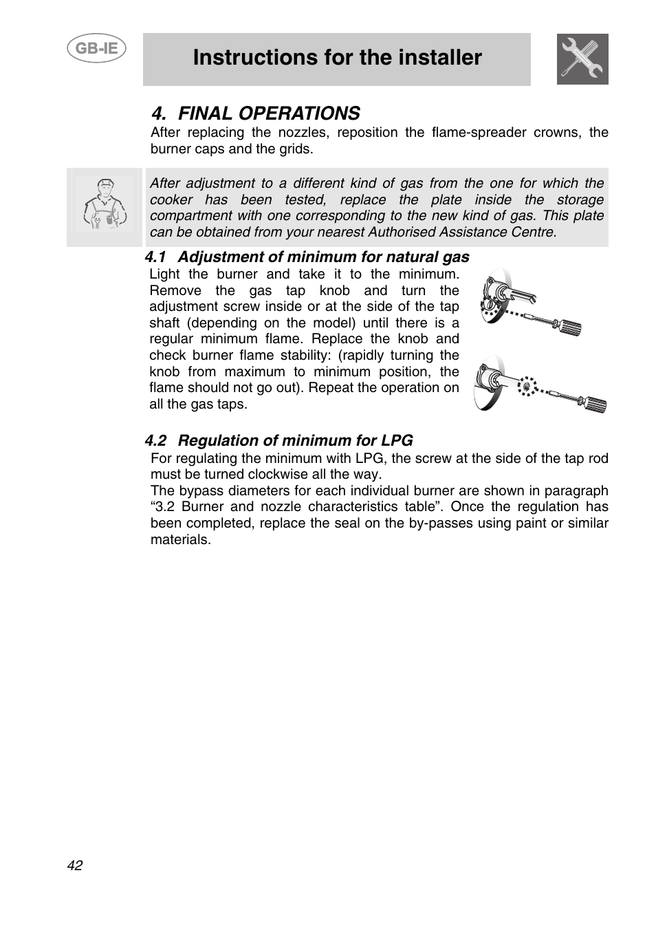 1 adjustment of minimum for natural gas, 2 regulation of minimum for lpg, Final operations | Instructions for the installer | Smeg A1-6 User Manual | Page 8 / 31