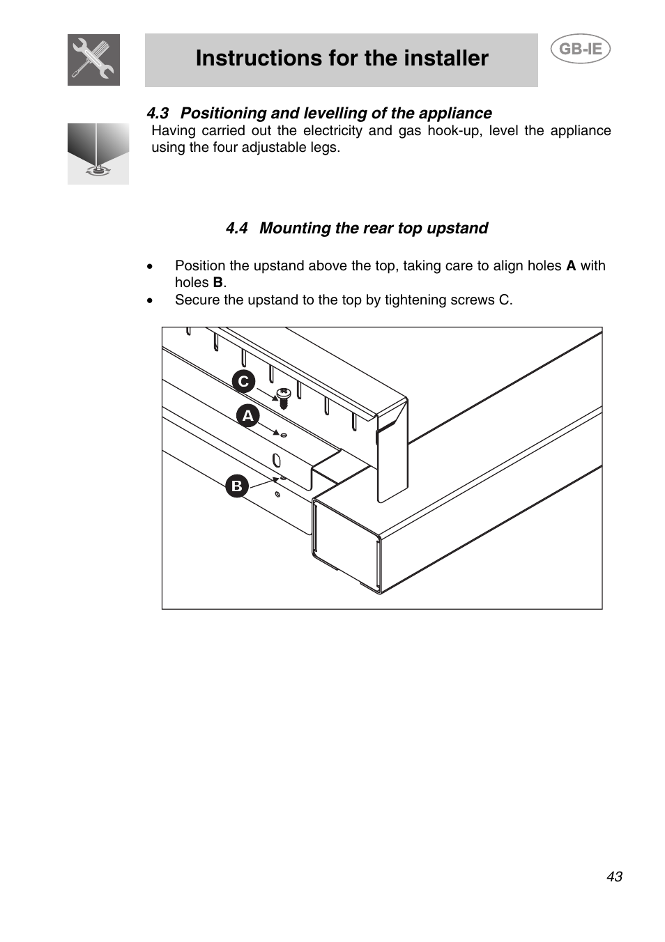 3 positioning and levelling of the appliance, 4 mounting the rear top upstand, Instructions for the installer | Smeg A1-6 User Manual | Page 9 / 31