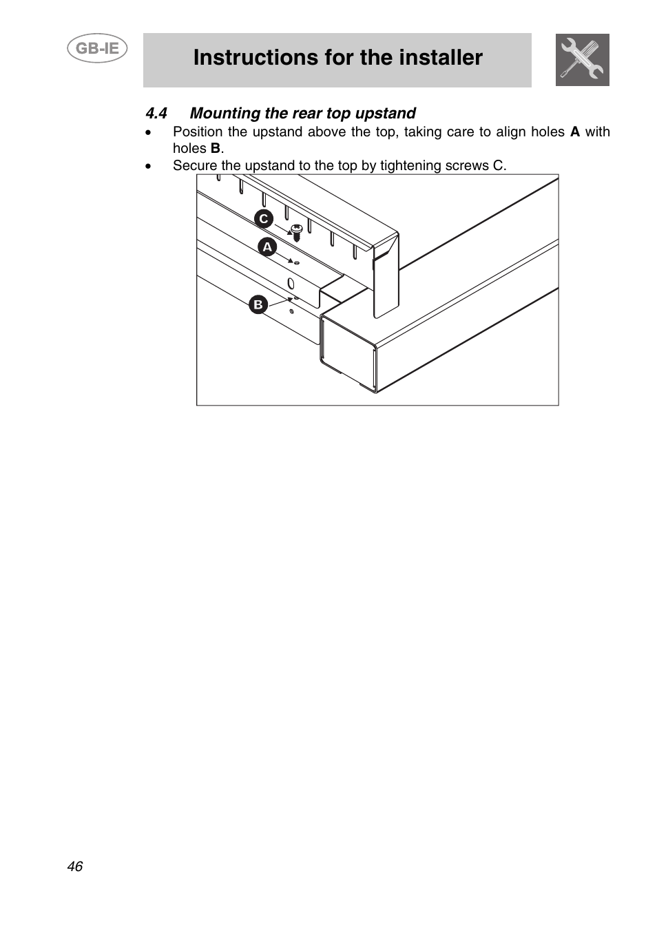 4 mounting the rear top upstand, Instructions for the installer | Smeg A2-6 User Manual | Page 10 / 32