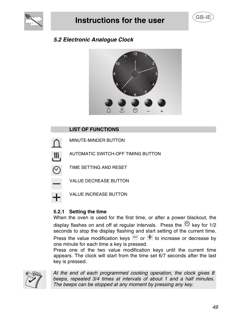 2 electronic analogue clock, 1 setting the time, Instructions for the user | Smeg A2-6 User Manual | Page 13 / 32