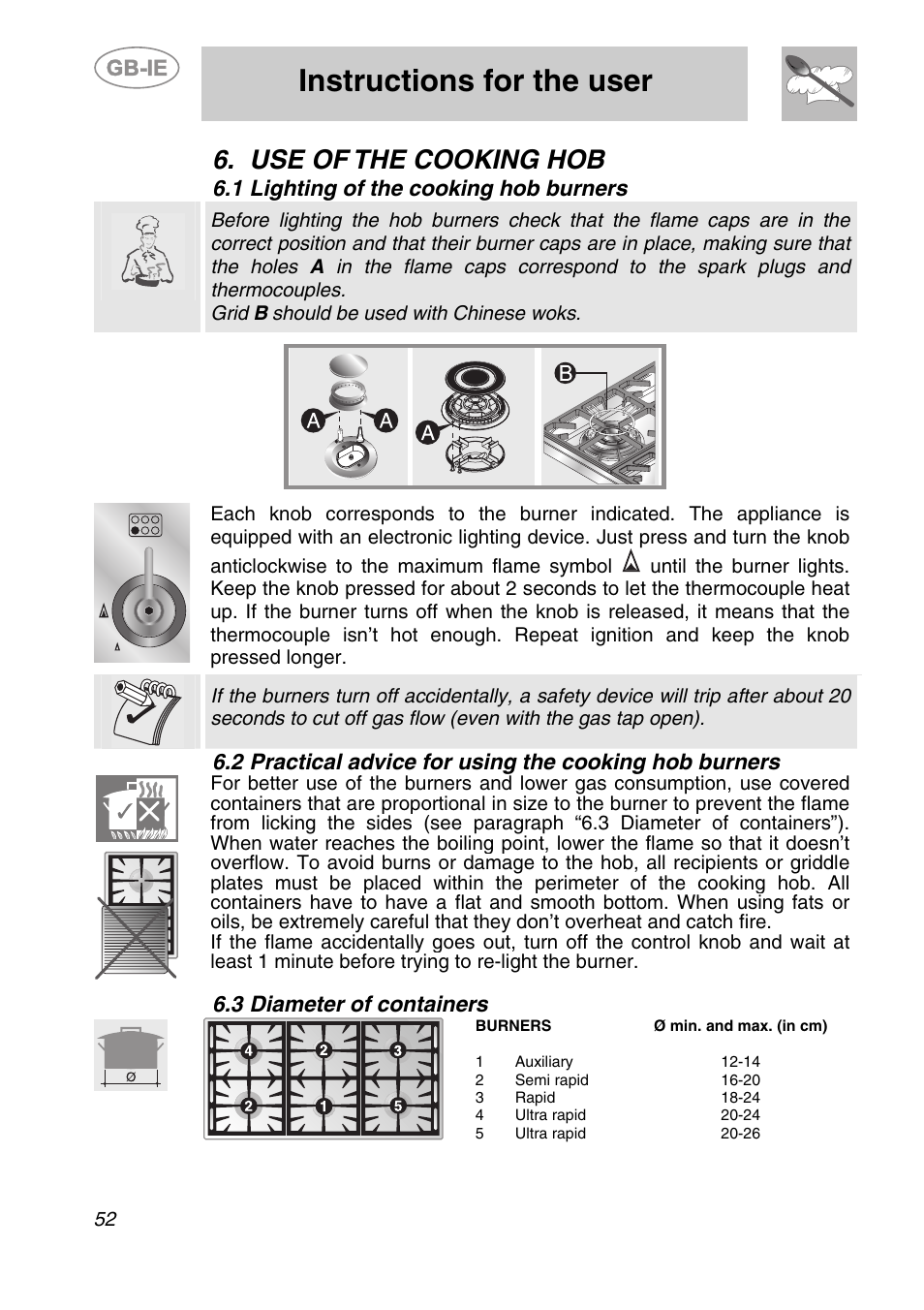 Use of the cooking hob, 1 lighting of the cooking hob burners, Diameter of containers | Instructions for the user, 3 diameter of containers | Smeg A2-6 User Manual | Page 16 / 32