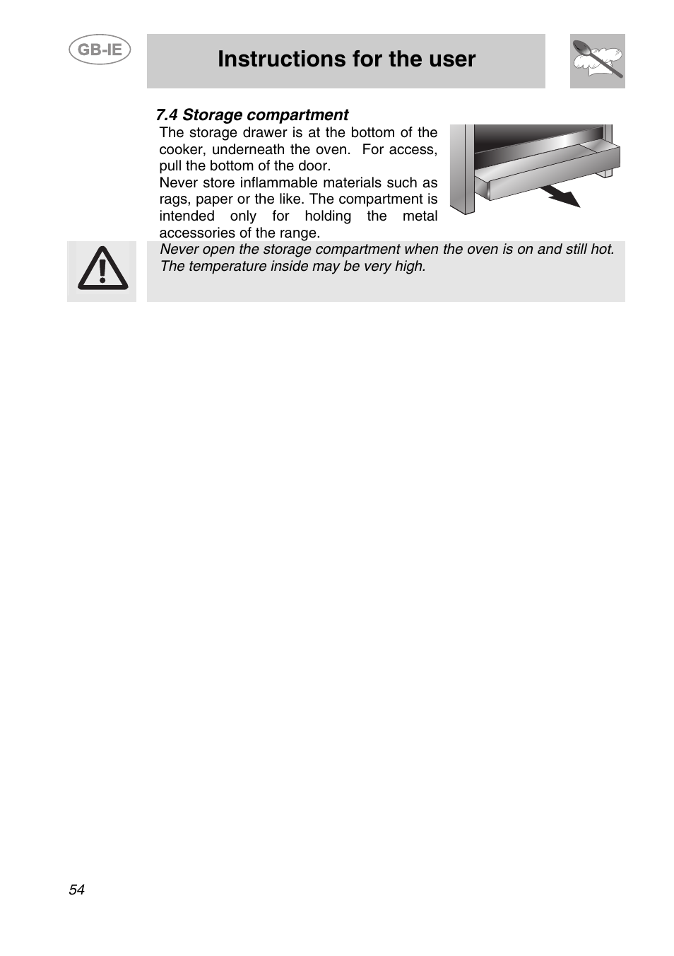 Storage compartment, Instructions for the user | Smeg A2-6 User Manual | Page 18 / 32