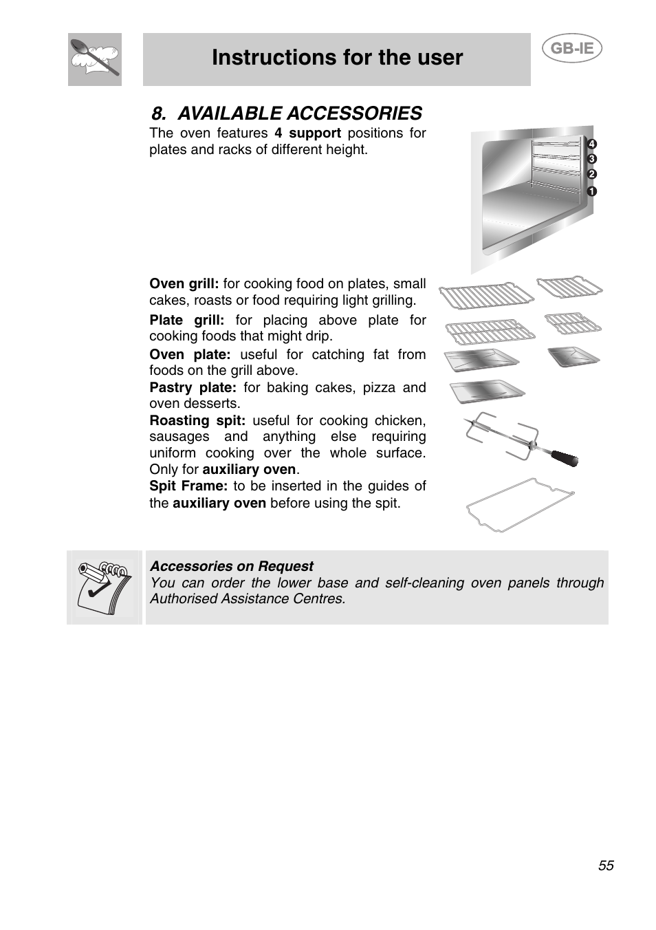 Available accessories, Instructions for the user | Smeg A2-6 User Manual | Page 19 / 32