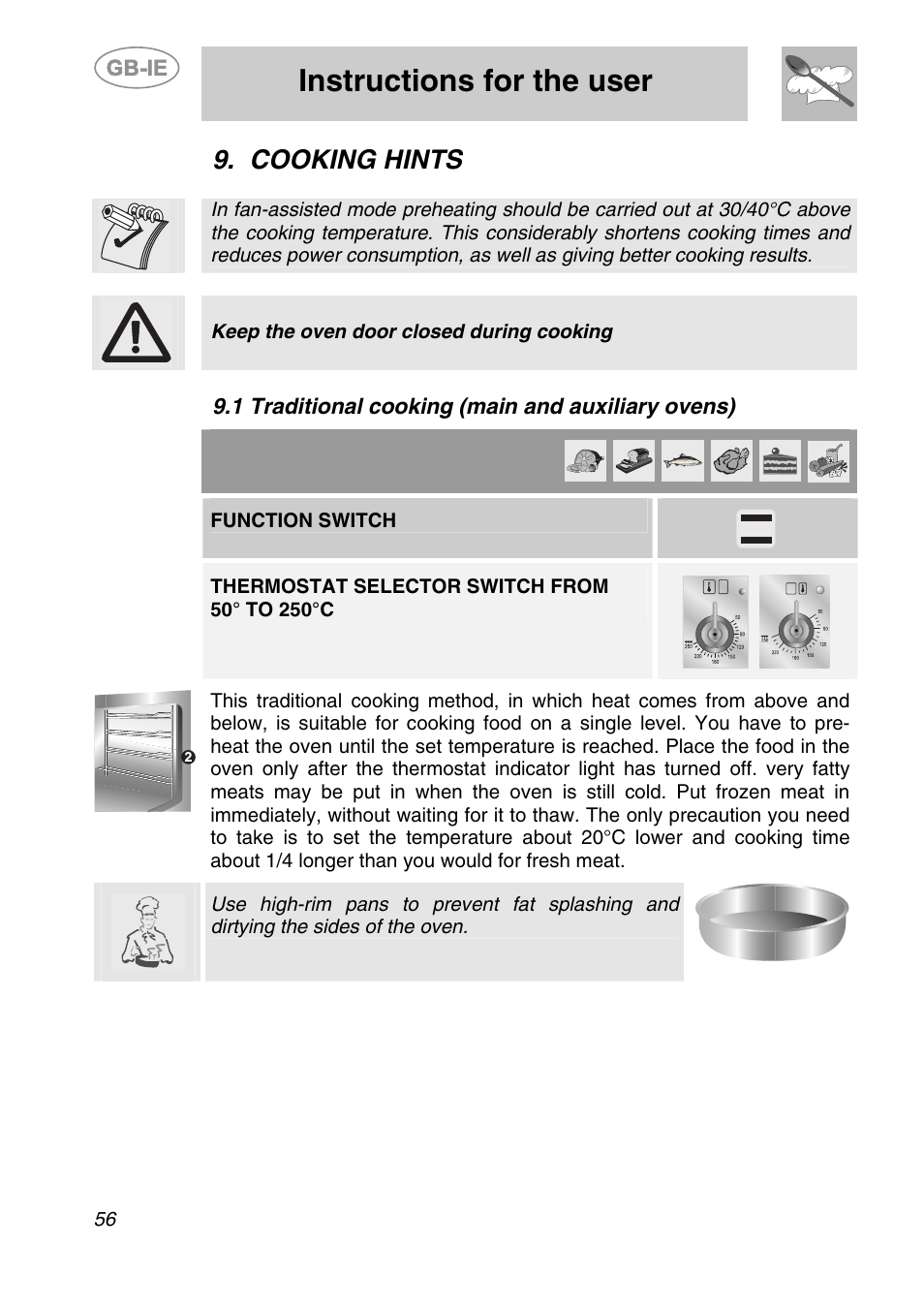 Cooking hints, 1 traditional cooking (main and auxiliary ovens), Instructions for the user | Smeg A2-6 User Manual | Page 20 / 32