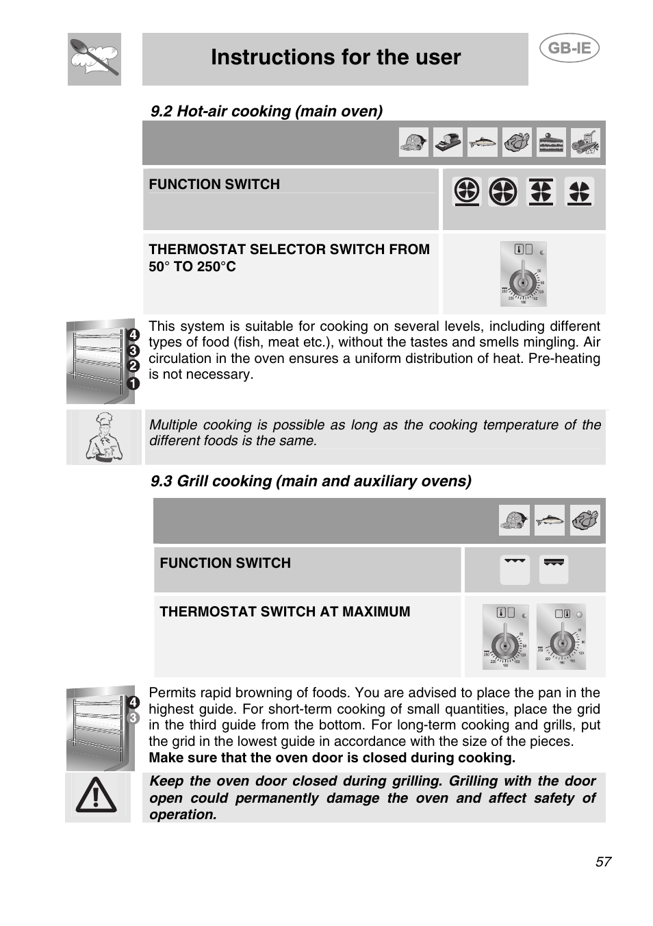 2 hot-air cooking (main oven), 3 grill cooking (main and auxiliary ovens), Instructions for the user | Function switch, Thermostat switch at maximum | Smeg A2-6 User Manual | Page 21 / 32