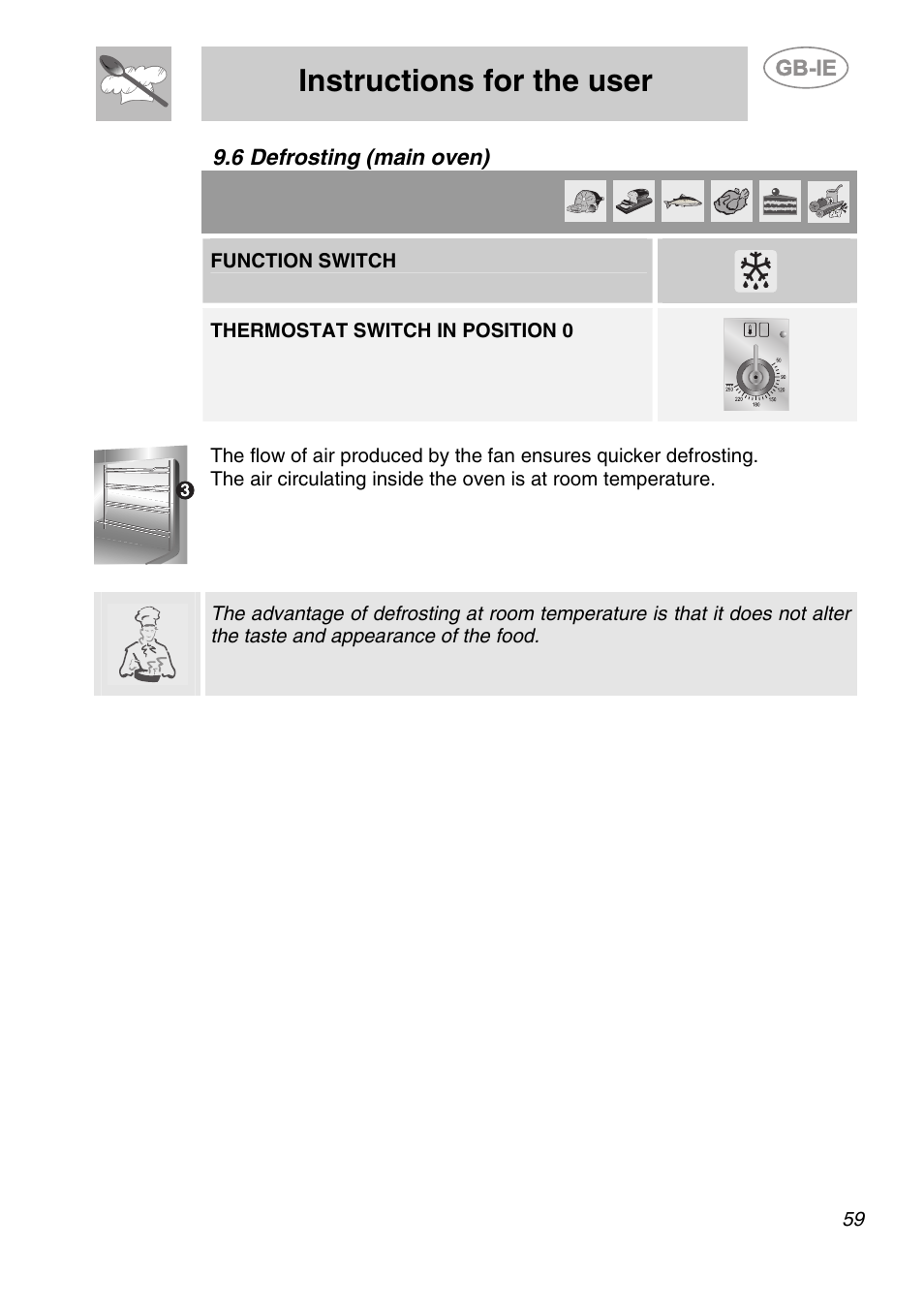 6 defrosting (main oven), Instructions for the user, Function switch | Thermostat switch in position 0 | Smeg A2-6 User Manual | Page 23 / 32