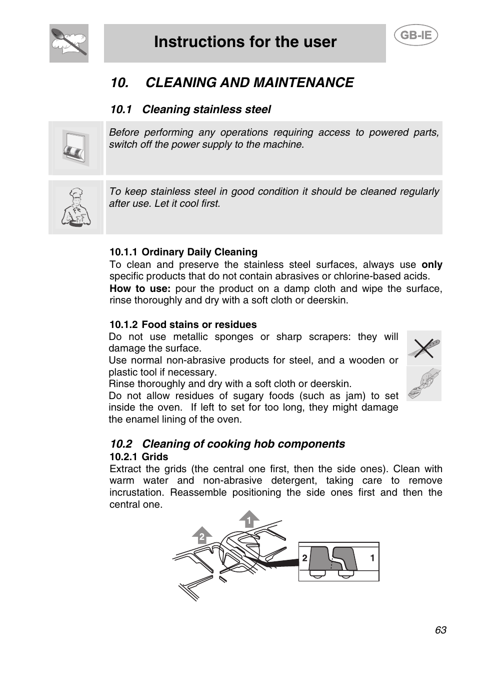 Cleaning and maintenance, 1 cleaning stainless steel, 1 ordinary daily cleaning | 2 food stains or residues, 2 cleaning of cooking hob components, 1 grids, Instructions for the user | Smeg A2-6 User Manual | Page 27 / 32