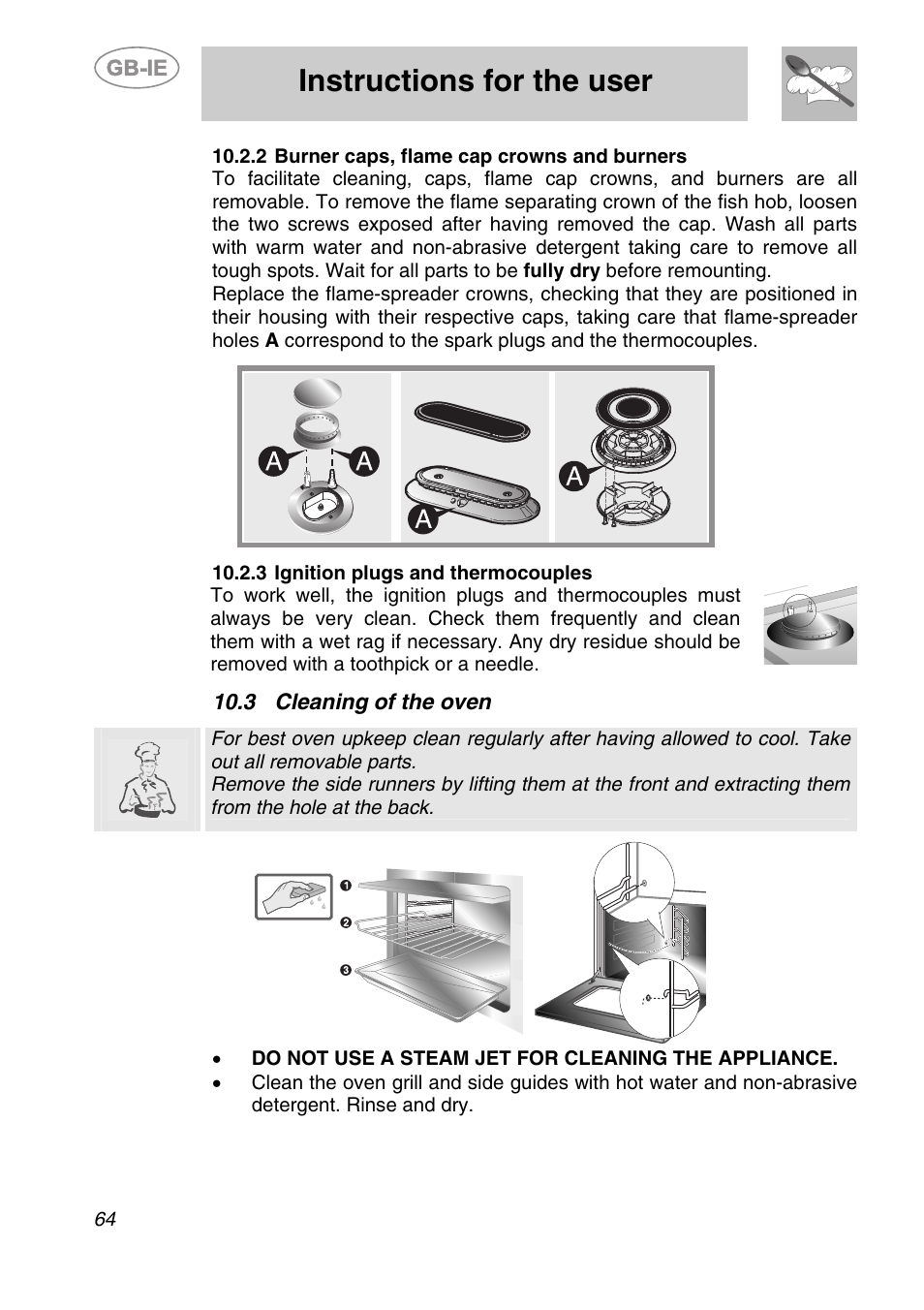 Burner caps, flame cap crowns and burners, 3 ignition plugs and thermocouples, 3 cleaning of the oven | Instructions for the user | Smeg A2-6 User Manual | Page 28 / 32