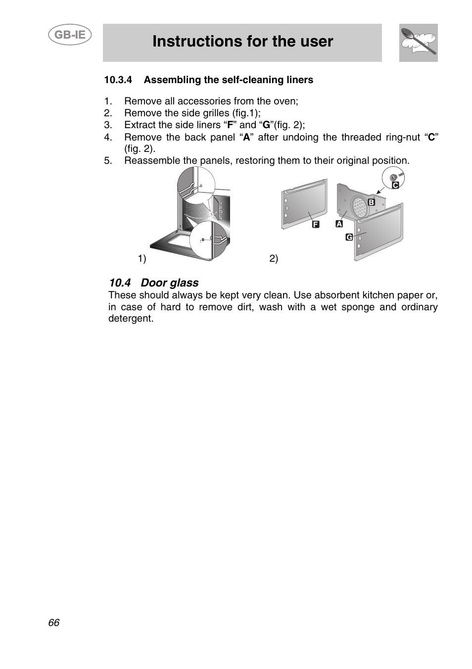 4 assembling the self-cleaning liners, 4 door glass, Instructions for the user | Smeg A2-6 User Manual | Page 30 / 32