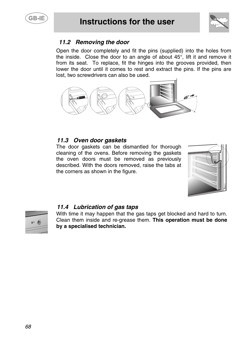 Removing the door, 3 oven door gaskets, 4 lubrication of gas taps | Instructions for the user | Smeg A2-6 User Manual | Page 32 / 32