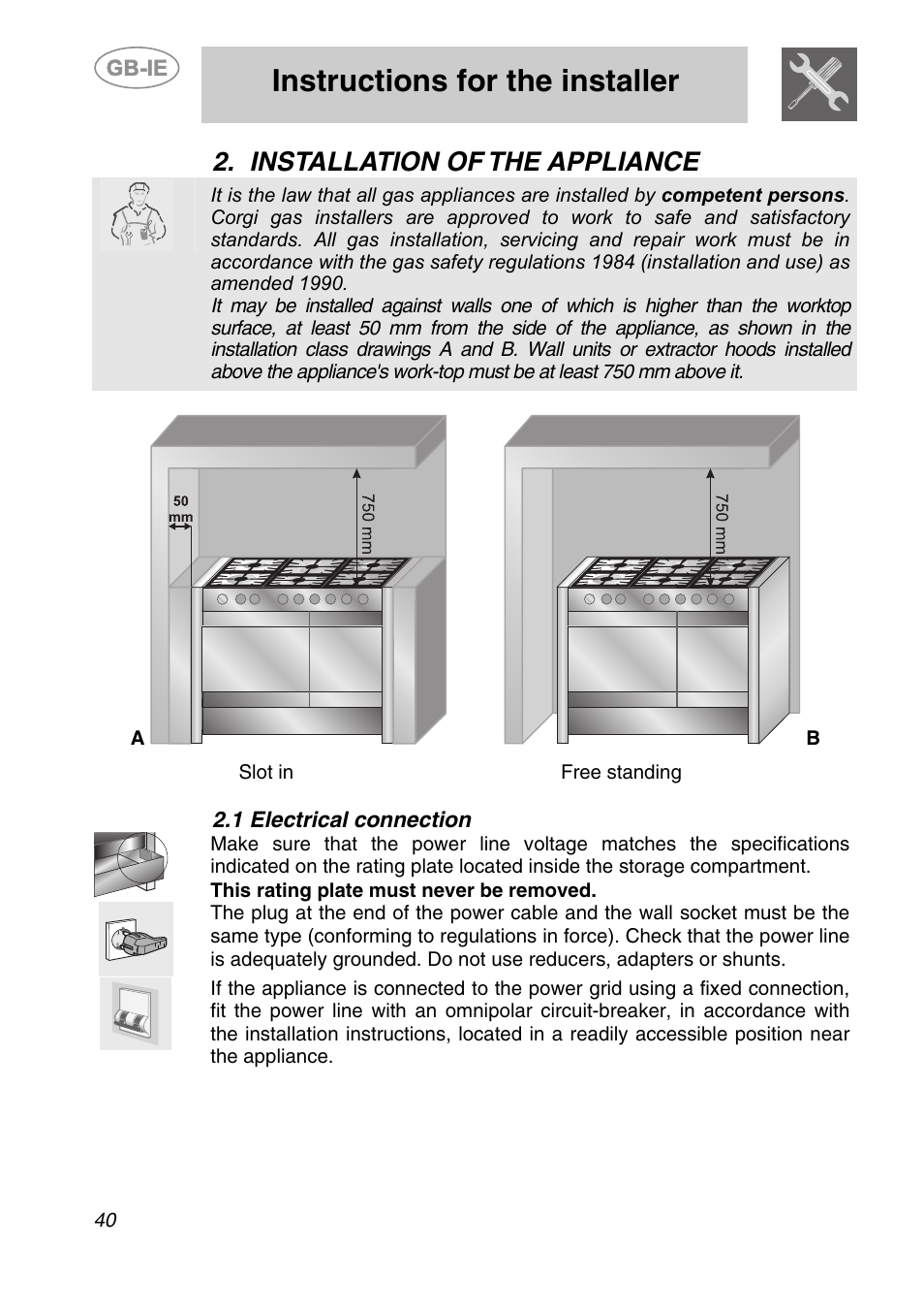 Installation of the appliance, 1 electrical connection, Instructions for the installer | Smeg A2-6 User Manual | Page 4 / 32