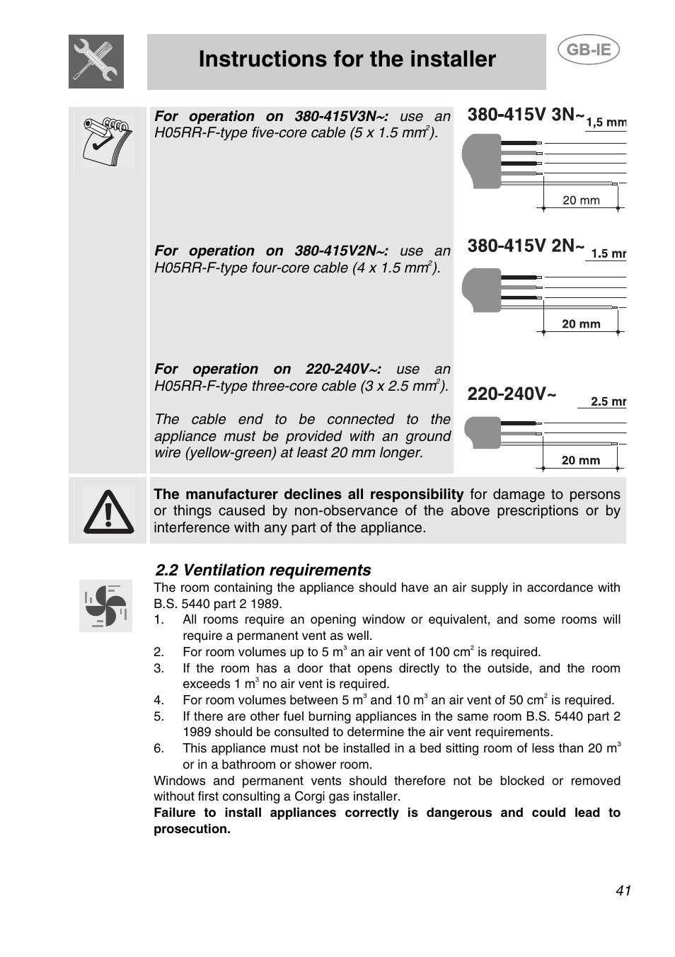 2 ventilation requirements, Instructions for the installer | Smeg A2-6 User Manual | Page 5 / 32