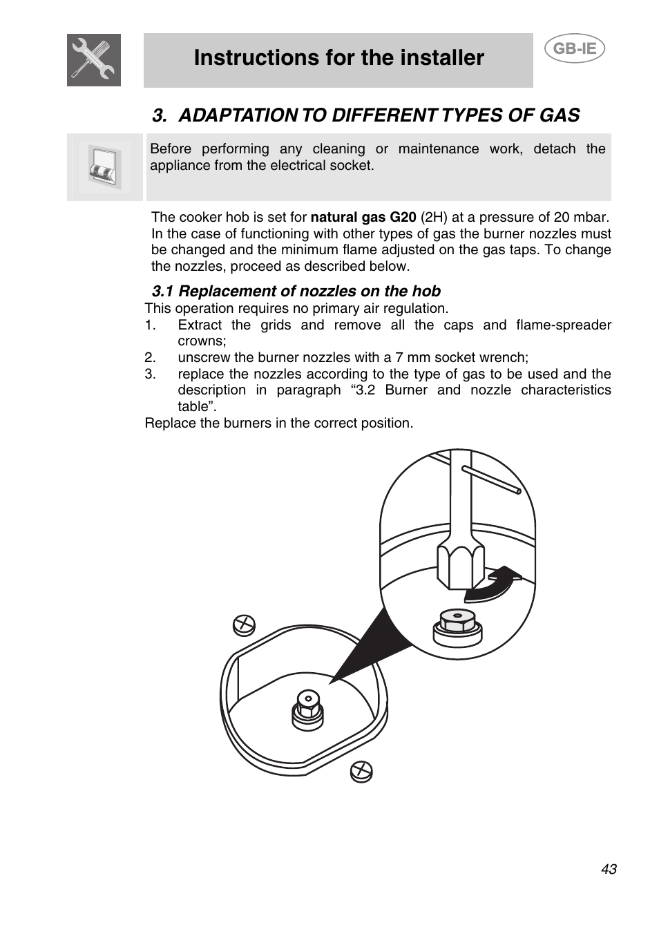 Adaptation to different types of gas, 1 replacement of nozzles on the hob, Instructions for the installer | Smeg A2-6 User Manual | Page 7 / 32