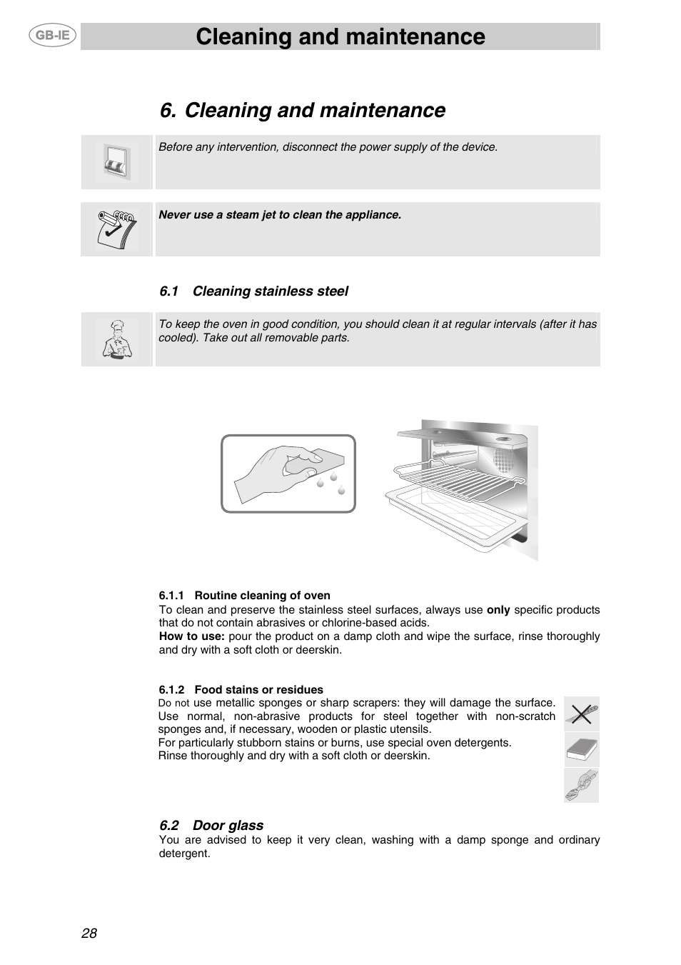 Cleaning and maintenance, 1 cleaning stainless steel, 1 routine cleaning of oven | 2 food stains or residues, 2 door glass, Cleaning stainless steel, Door glass | Smeg F67-7 User Manual | Page 12 / 14