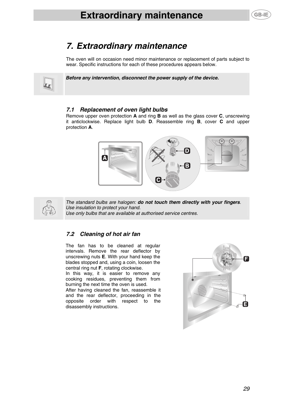 Extraordinary maintenance, 1 replacement of oven light bulbs, 2 cleaning of hot air fan | Replacement of oven light bulbs, Cleaning of hot air fan | Smeg F67-7 User Manual | Page 13 / 14