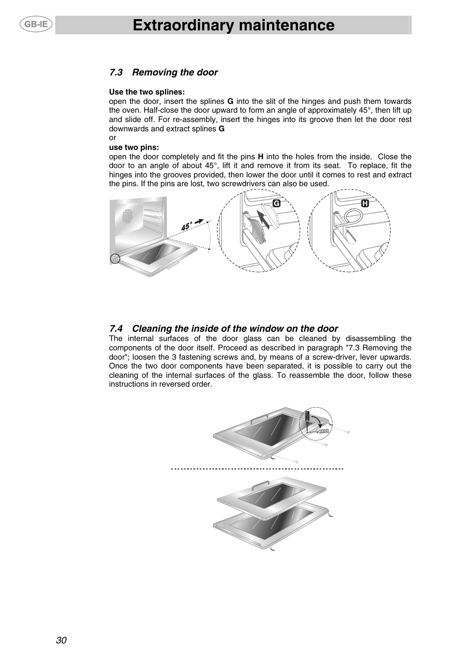 Removing the door, 4 cleaning the inside of the window on the door, Cleaning the inside of the window on the door | Extraordinary maintenance | Smeg F67-7 User Manual | Page 14 / 14