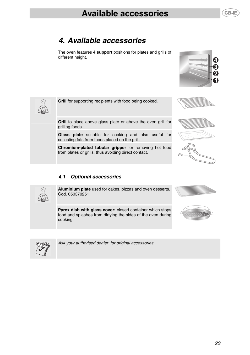 Available accessories, 1 optional accessories, Optional accessories | Smeg F67-7 User Manual | Page 7 / 14