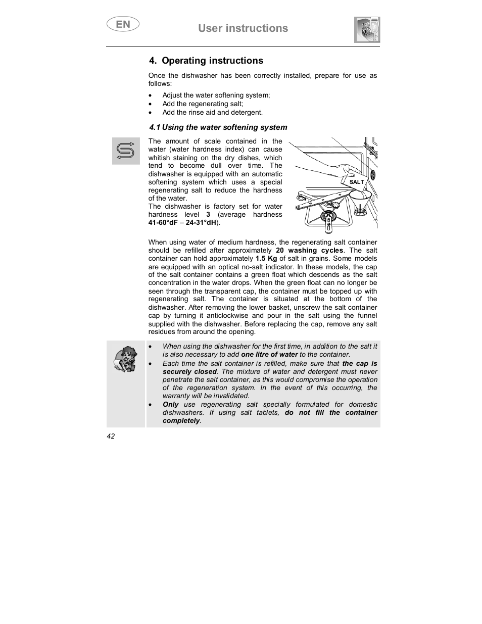 User instructions, Operating instructions | Smeg DW1410 User Manual | Page 13 / 31