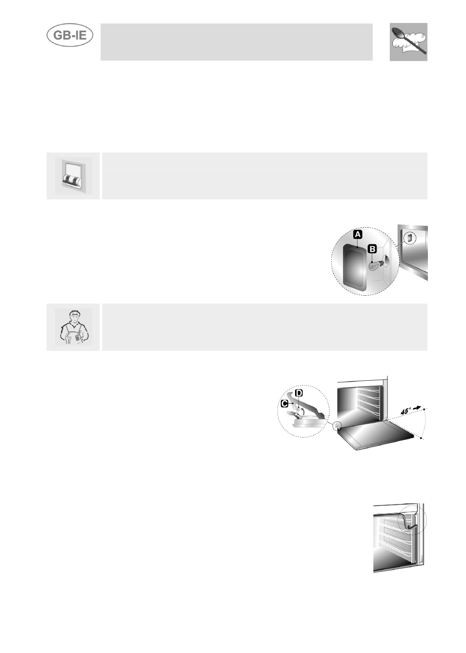 Extraordinary maintenance, Replacing the light bulb, Removing the door | Oven door seal, Instructions for the user, 1 replacing the light bulb, 2 removing the door, 3 oven door seal | Smeg FOVP User Manual | Page 12 / 16