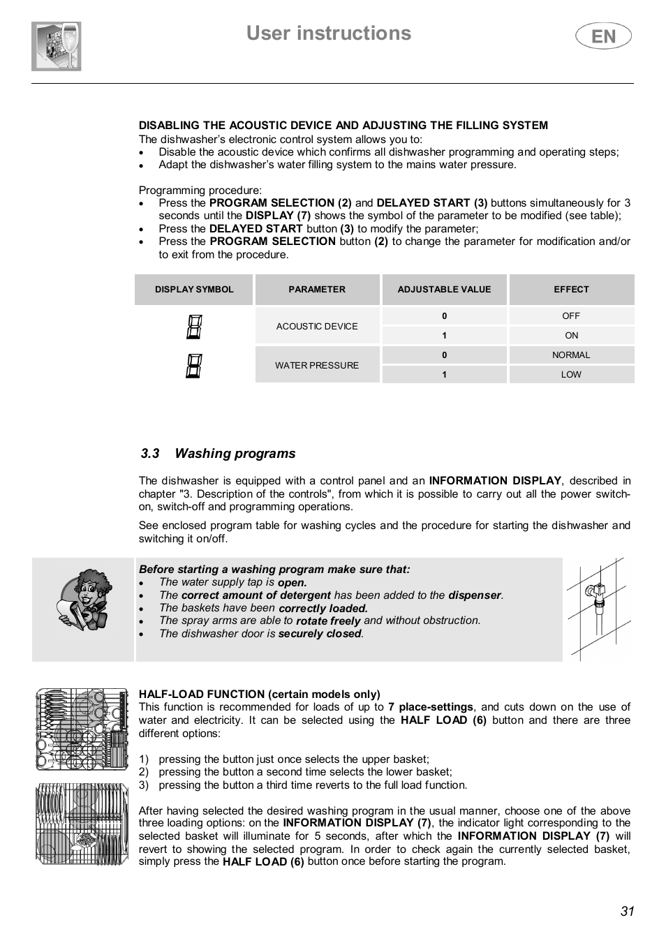 User instructions, 3 washing programs | Smeg DWI614 User Manual | Page 10 / 27