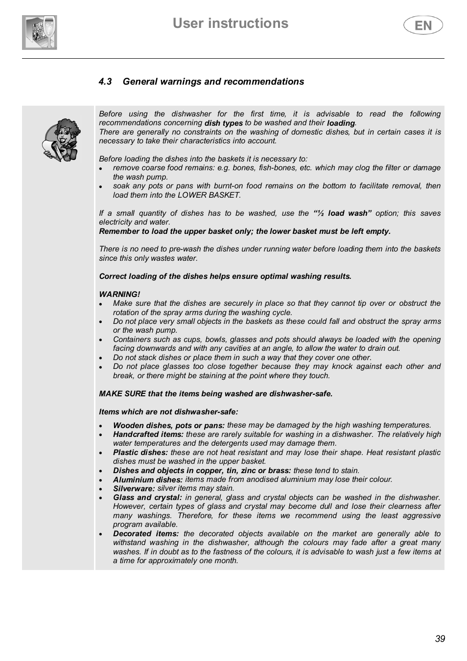 User instructions | Smeg DWI614 User Manual | Page 18 / 27