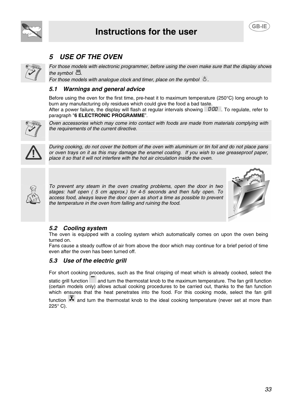 Instructions for the user, 5use of the oven, 1 warnings and general advice | 2 cooling system, 3 use of the electric grill | Smeg SID61MFX5 User Manual | Page 12 / 17