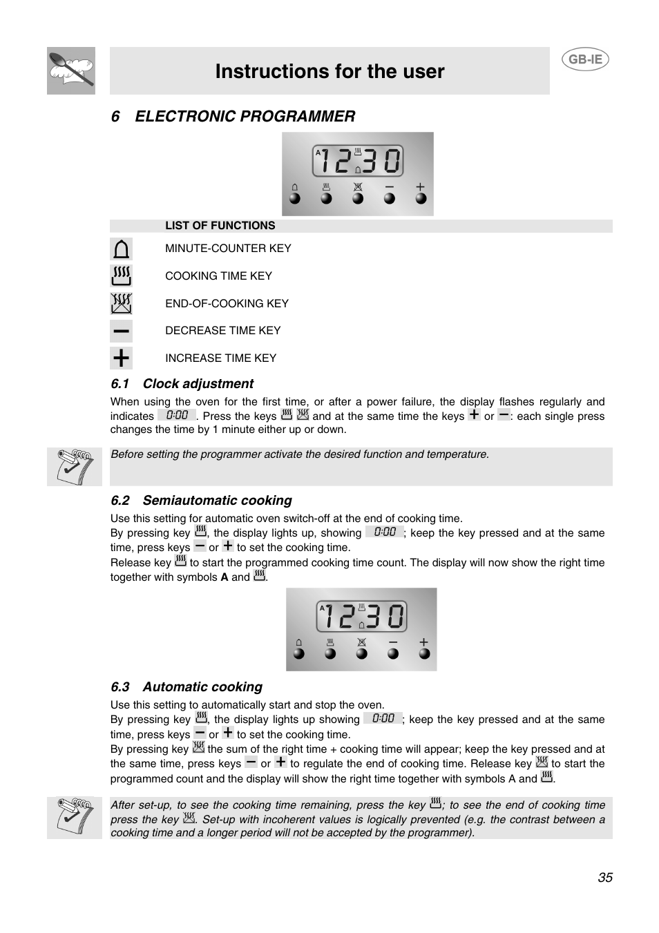 Instructions for the user, 6electronic programmer, 1 clock adjustment | 2 semiautomatic cooking, 3 automatic cooking | Smeg SID61MFX5 User Manual | Page 14 / 17