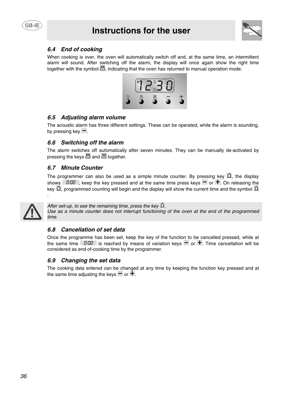 Instructions for the user, 4 end of cooking, 5 adjusting alarm volume | 6 switching off the alarm, 7 minute counter, 8 cancellation of set data, 9 changing the set data | Smeg SID61MFX5 User Manual | Page 15 / 17