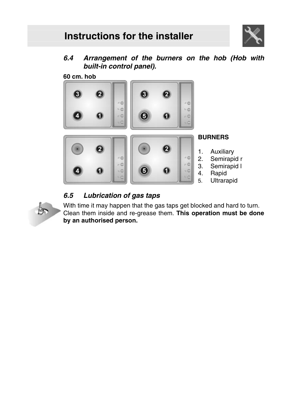 5 lubrication of gas taps, Instructions for the installer | Smeg SER63LPG3 User Manual | Page 14 / 20