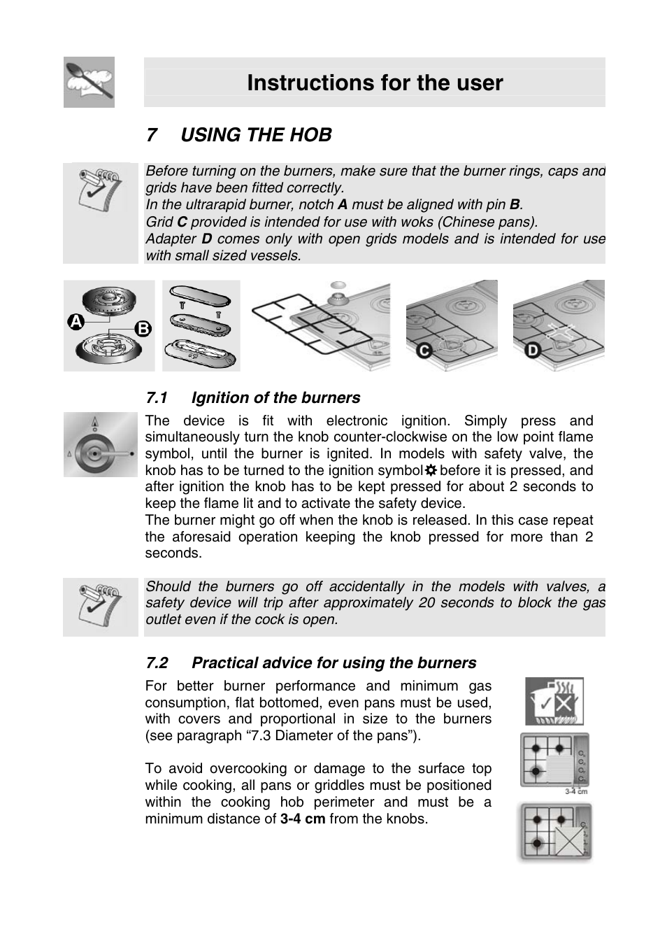 7 using the hob, 1 ignition of the burners, 2 practical advice for using the burners | Using the hob, Instructions for the user | Smeg SER63LPG3 User Manual | Page 15 / 20