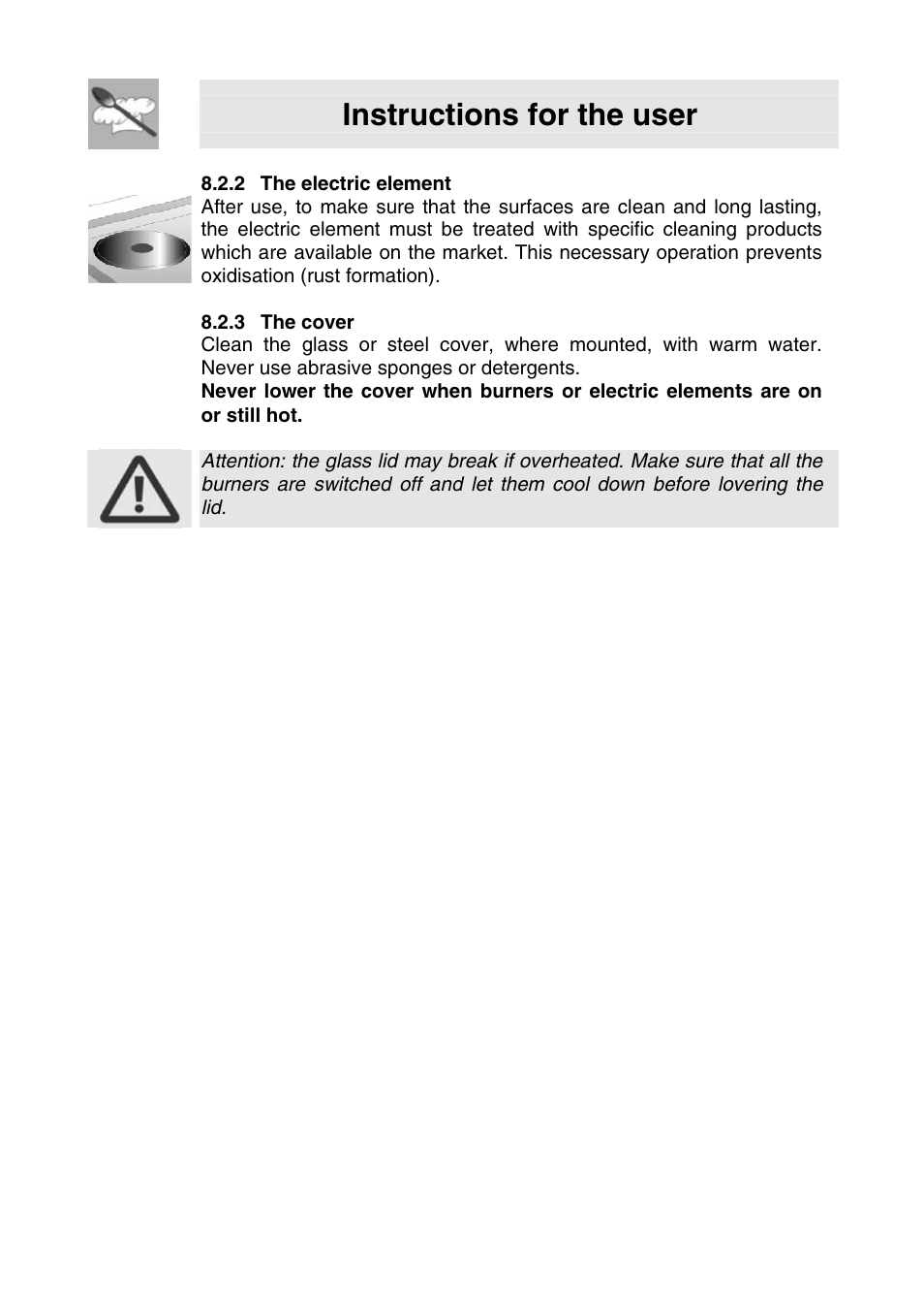 2 the electric element, 3 the cover, Instructions for the user | Smeg SER63LPG3 User Manual | Page 19 / 20