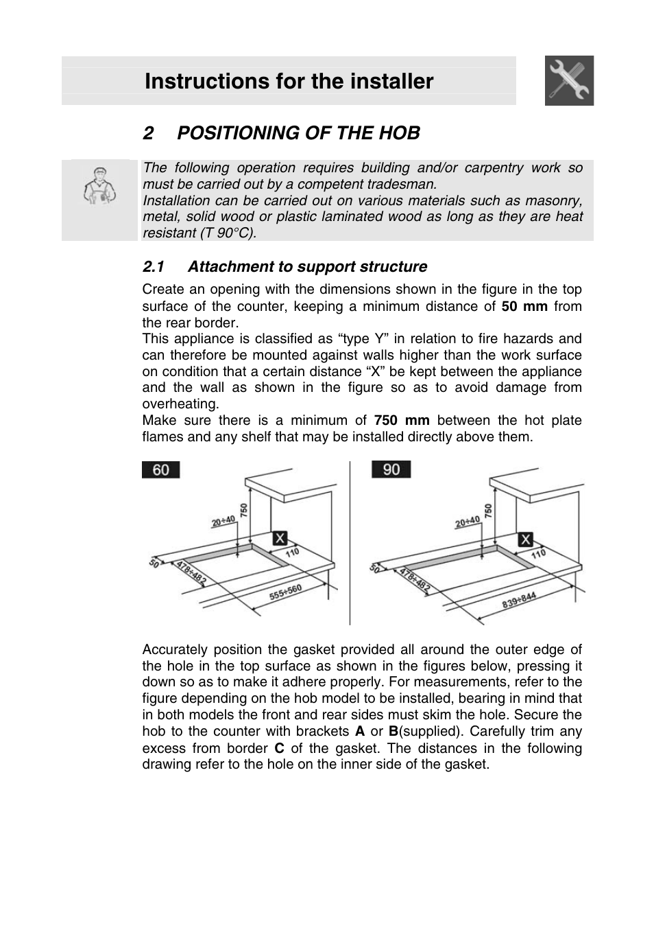 2 positioning of the hob, 1 attachment to support structure, Positioning of the hob | Instructions for the installer | Smeg SER63LPG3 User Manual | Page 4 / 20