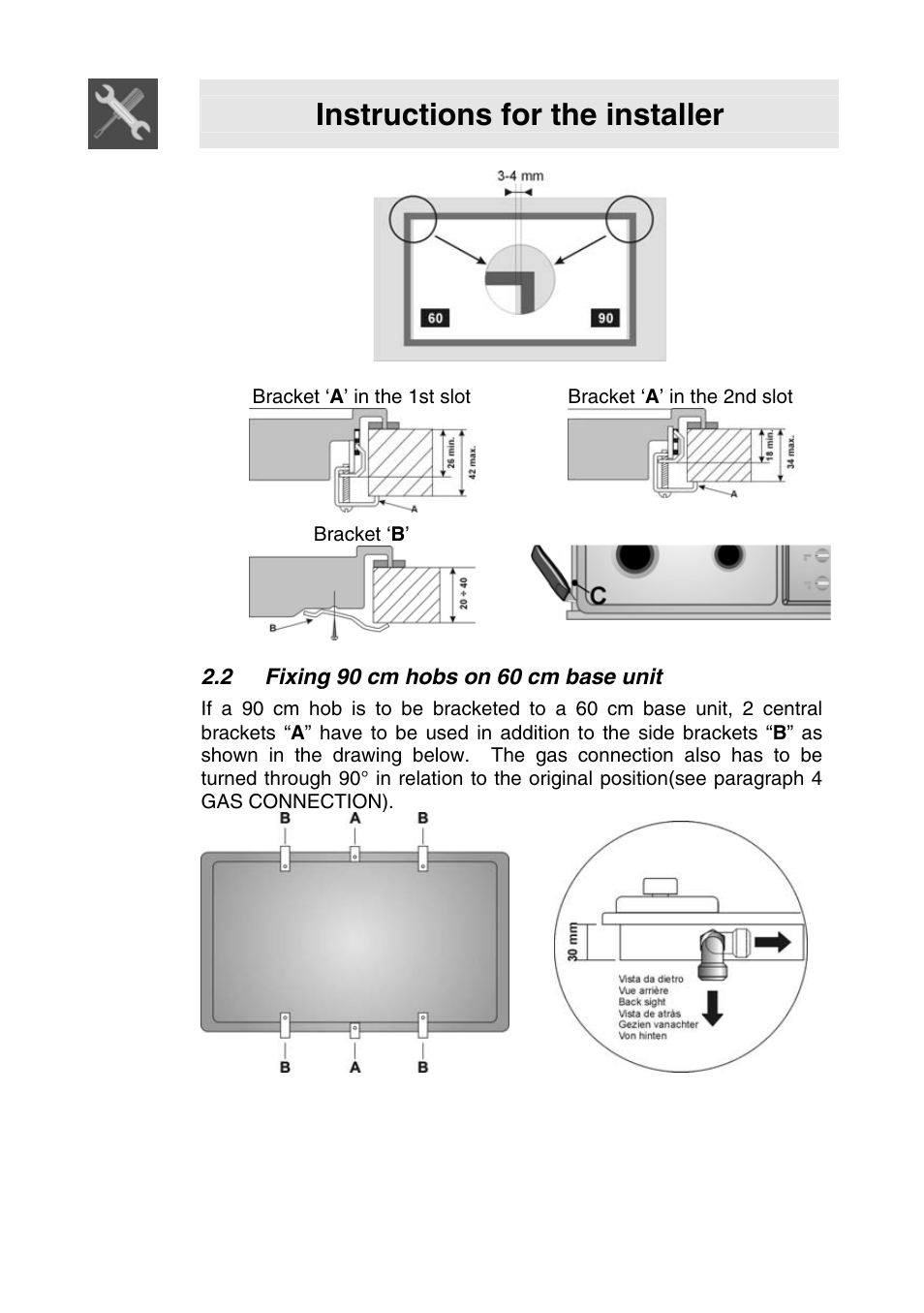 2 fixing 90 cm hobs on 60 cm base unit, Instructions for the installer | Smeg SER63LPG3 User Manual | Page 5 / 20