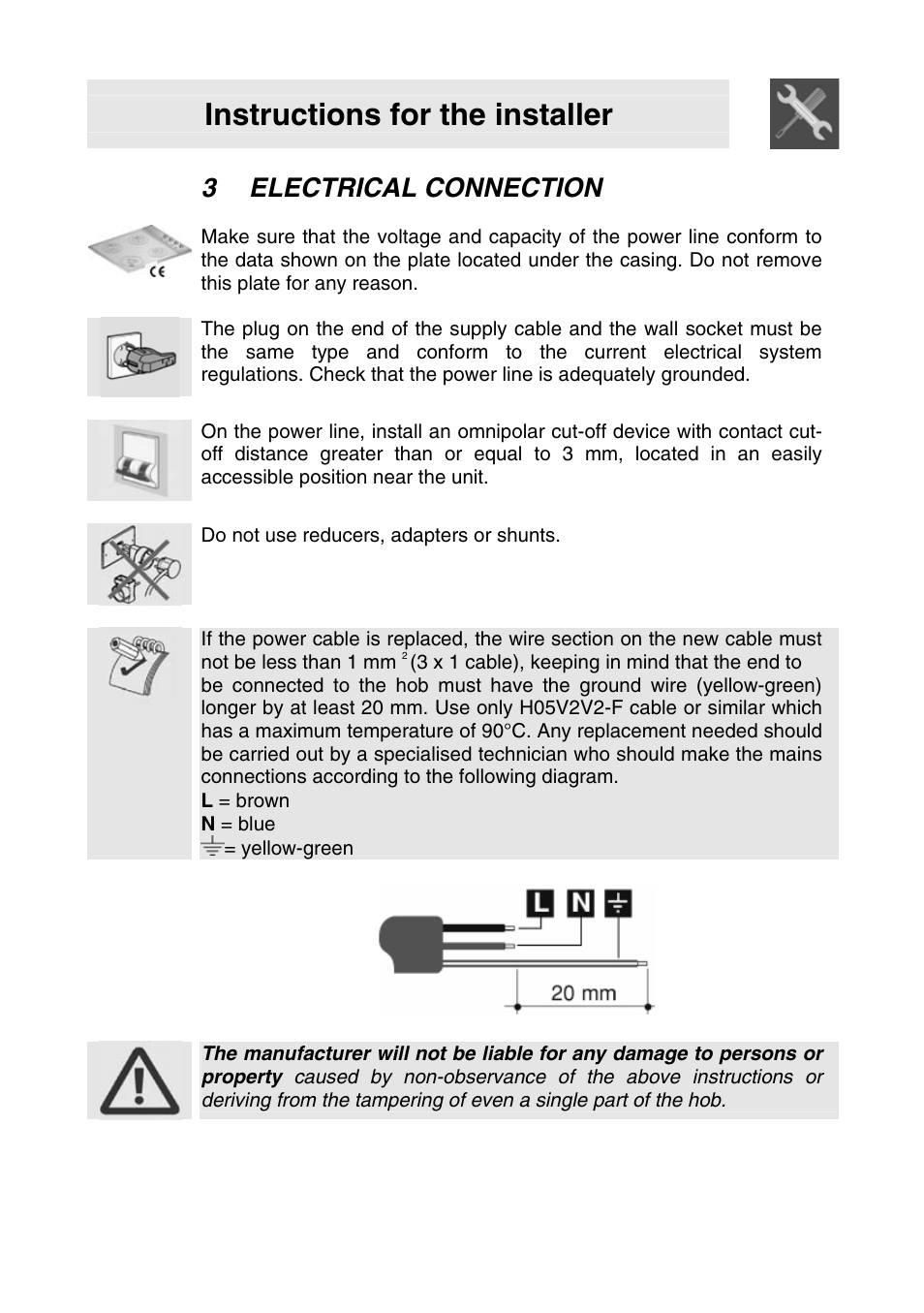 3 electrical connection, Electrical connection, Instructions for the installer | Smeg SER63LPG3 User Manual | Page 6 / 20