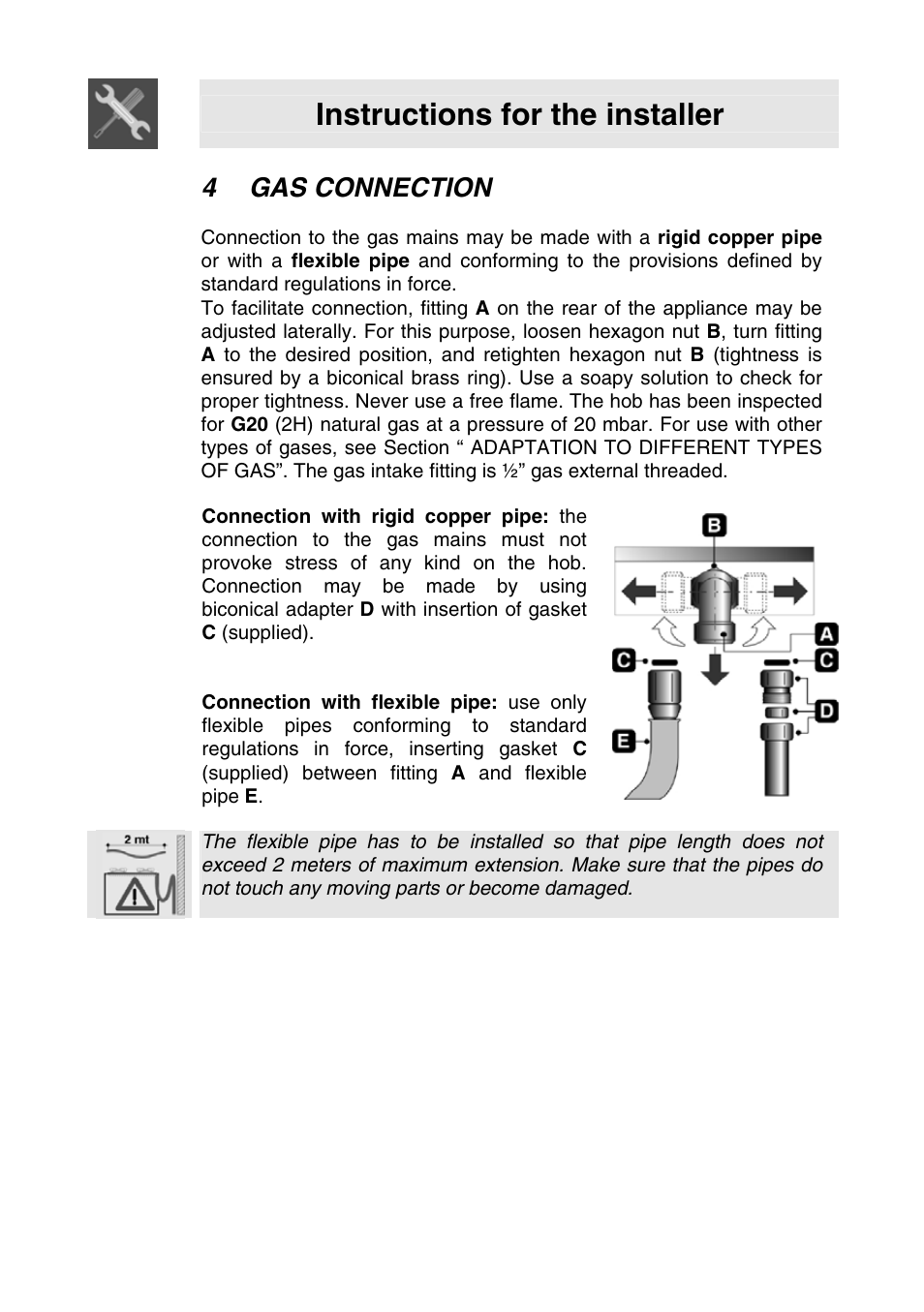 4 gas connection, Gas connection, Instructions for the installer | Smeg SER63LPG3 User Manual | Page 7 / 20