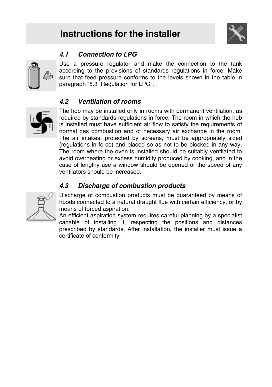 1 connection to lpg, 2 ventilation of rooms, 3 discharge of combustion products | Instructions for the installer | Smeg SER63LPG3 User Manual | Page 8 / 20