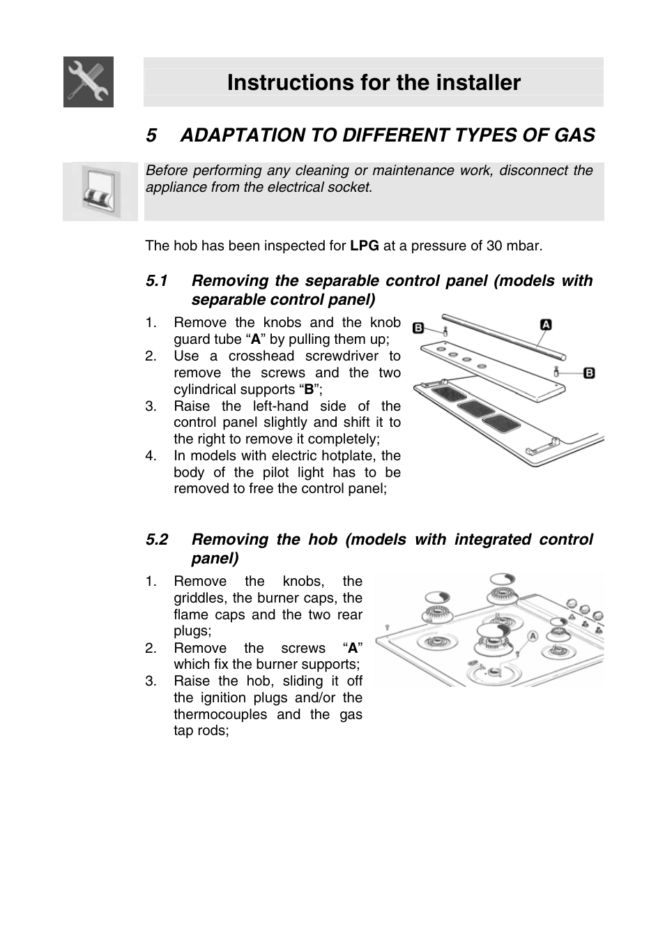 5 adaptation to different types of gas, Adaptation to different types of gas, Instructions for the installer | Smeg SER63LPG3 User Manual | Page 9 / 20