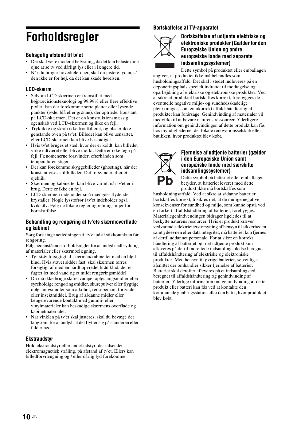Forholdsregler | Sony KDL-26 L4000 User Manual | Page 10 / 227