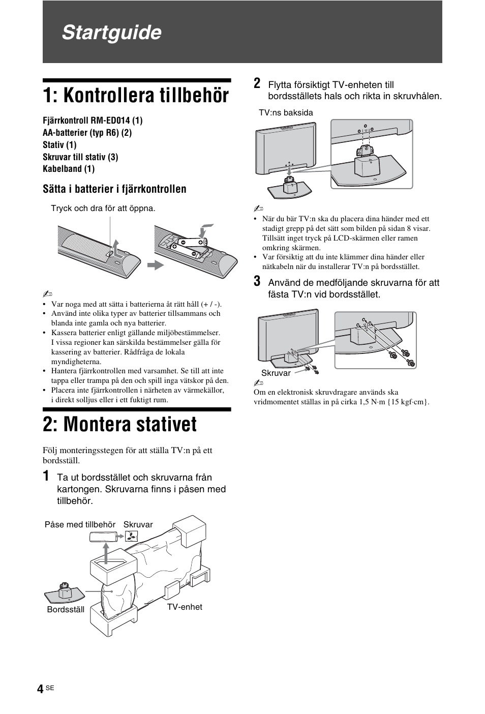 Startguide, Startguide 1: kontrollera tillbehör, Montera stativet | Sony KDL-26 L4000 User Manual | Page 100 / 227