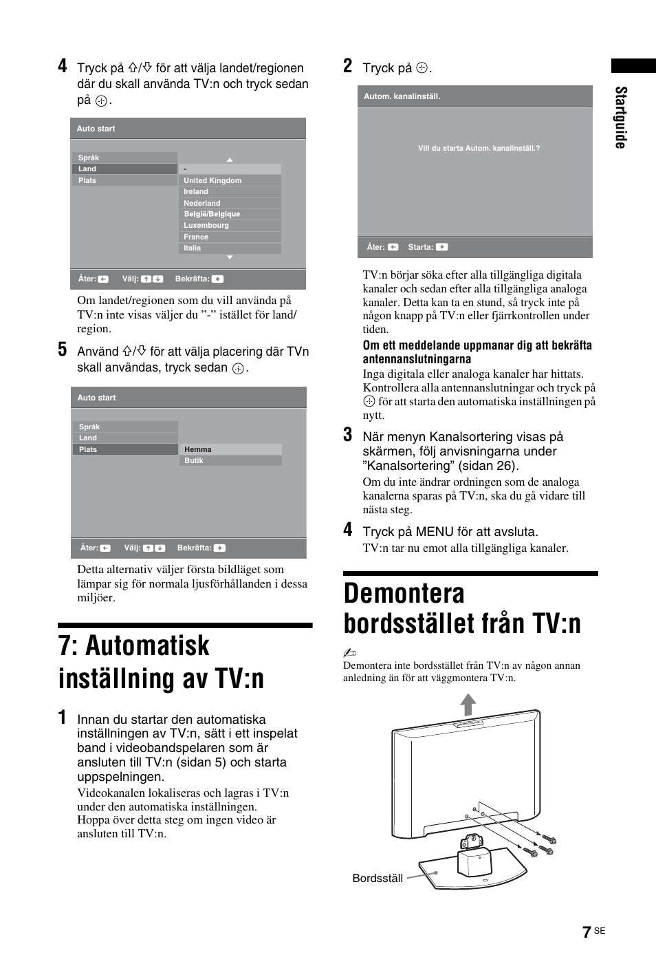 Automatisk inställning av tv:n, Demontera bordsstället från tv:n, St art gui de | Sony KDL-26 L4000 User Manual | Page 103 / 227