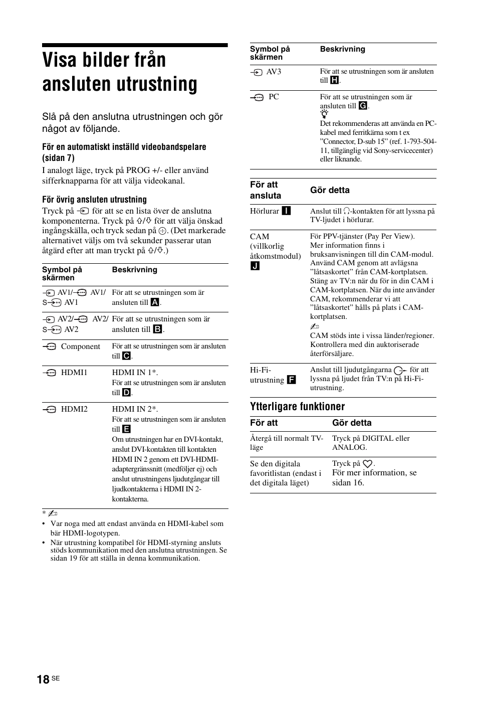 Visa bilder från ansluten utrustning, Sidan 18), Ytterligare funktioner | Sony KDL-26 L4000 User Manual | Page 114 / 227
