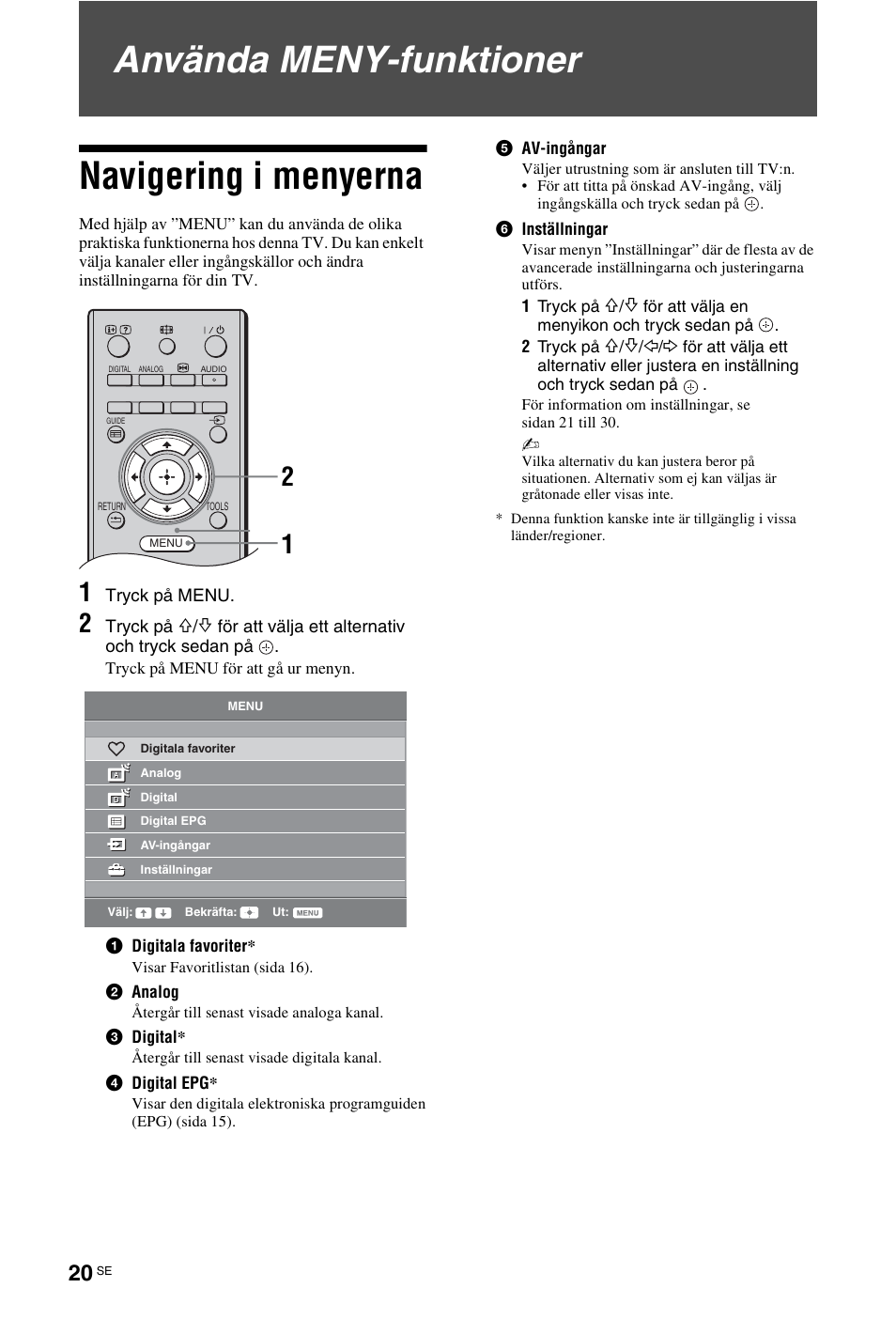 Använda meny-funktioner, Navigering i menyerna, Sidan 20) | Använda meny-funktioner navigering i menyerna | Sony KDL-26 L4000 User Manual | Page 116 / 227