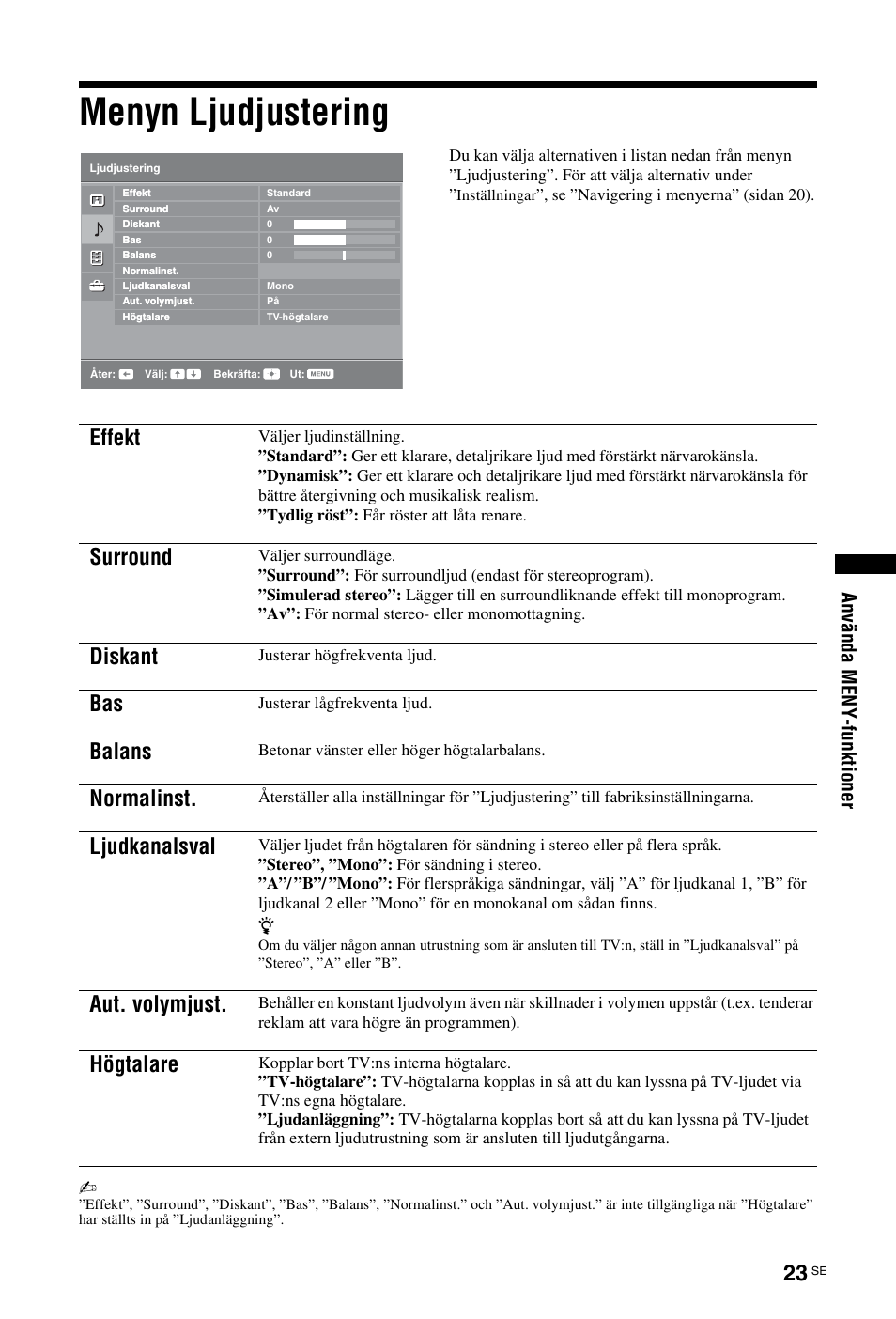 Menyn ljudjustering, Sidan 23), Se sidan 23 | Effekt, Surround, Diskant, Balans, Normalinst, Ljudkanalsval, Aut. volymjust | Sony KDL-26 L4000 User Manual | Page 119 / 227