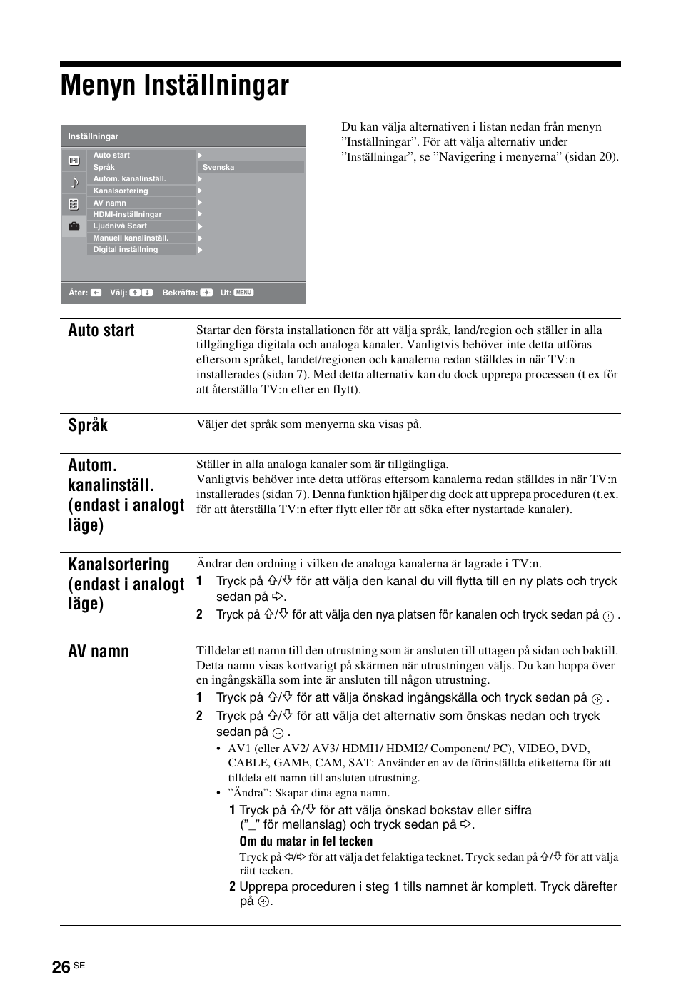 Menyn inställningar, Auto start, Språk | Autom. kanalinställ. (endast i analogt läge), Kanalsortering (endast i analogt läge), Av namn | Sony KDL-26 L4000 User Manual | Page 122 / 227
